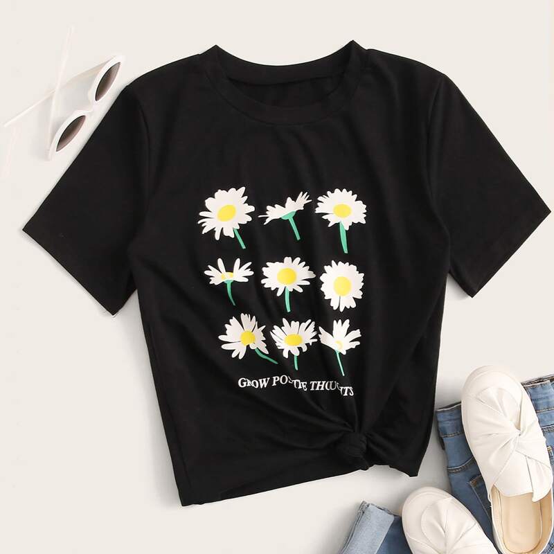 

Daisy Floral Slogan Graphic Tee, Black