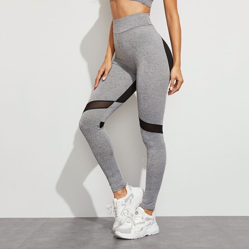 

Contrast Mesh Color-block Sports Leggings, Grey