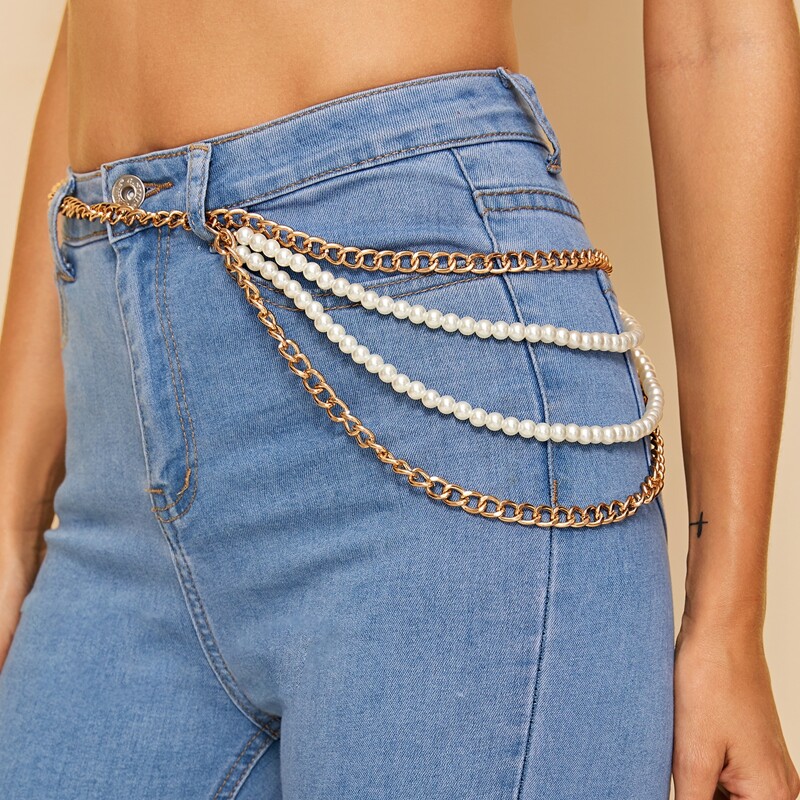 

Faux Pearl Decor Layered Waist Chain Belt, Gold