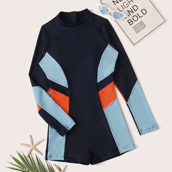 

Color Block Long Sleeve One Piece Swimsuit, Multicolor
