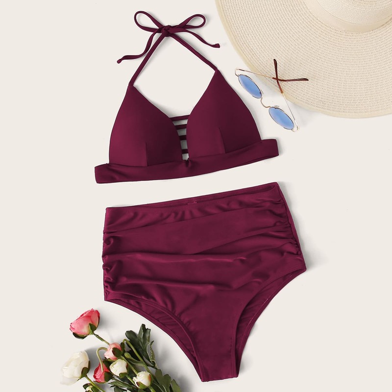 

Ruched High Waisted Bikini Swimsuit, Burgundy