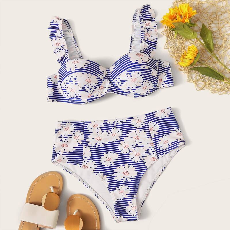 

Random Floral & Striped Print Ruffle Trim Underwire Bikini Swimsuit, Multicolor