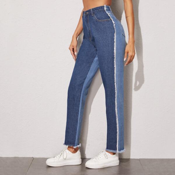 

Two Tone Raw Hem Mom Jeans, Multicolor