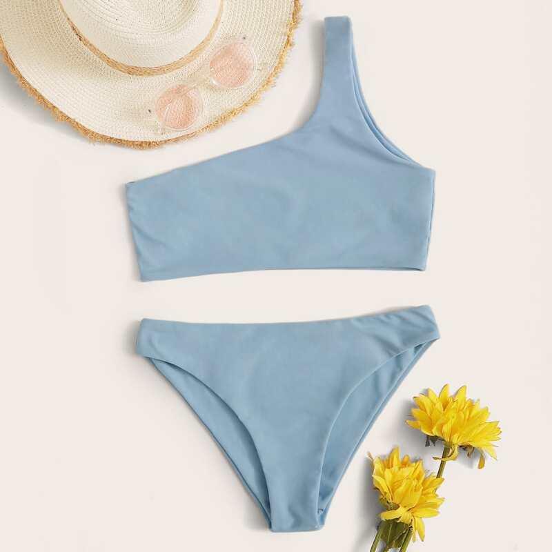 

One Shoulder High Cut Bikini Swimsuit, Blue