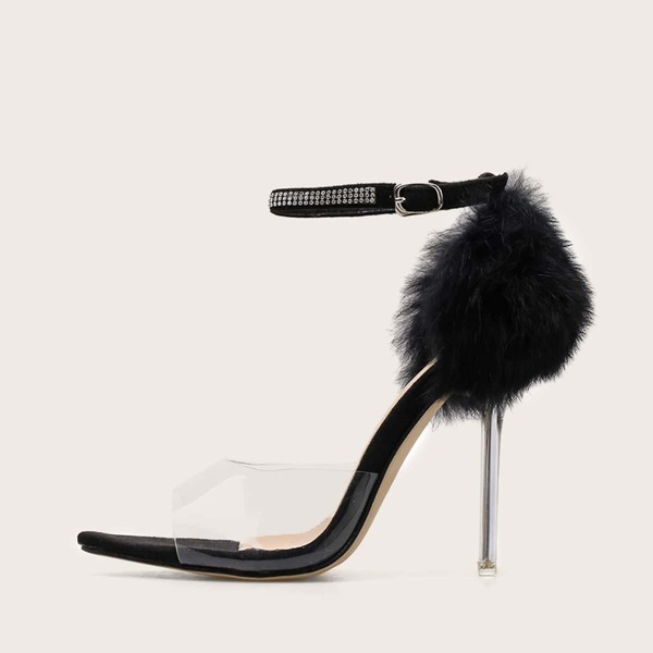 

Ankle Strap Faux Fur Decor Stiletto Heels, Black