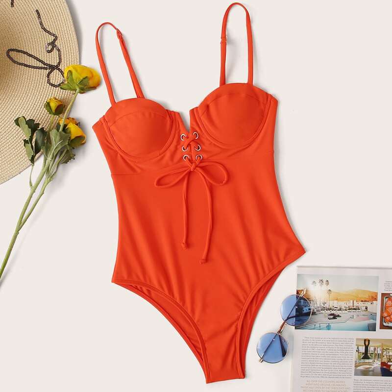 

Lace Up Front Underwired One Piece Swimsuit, Orange