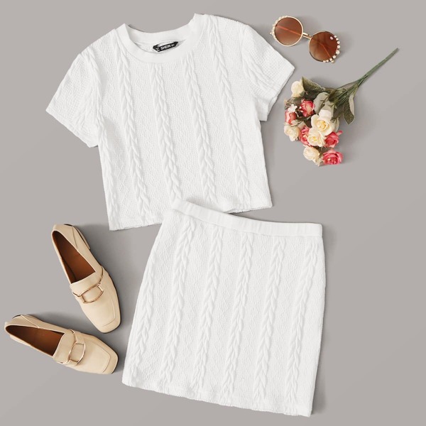 

Cable Knit Short Sleeve Top & Skirt Set, White