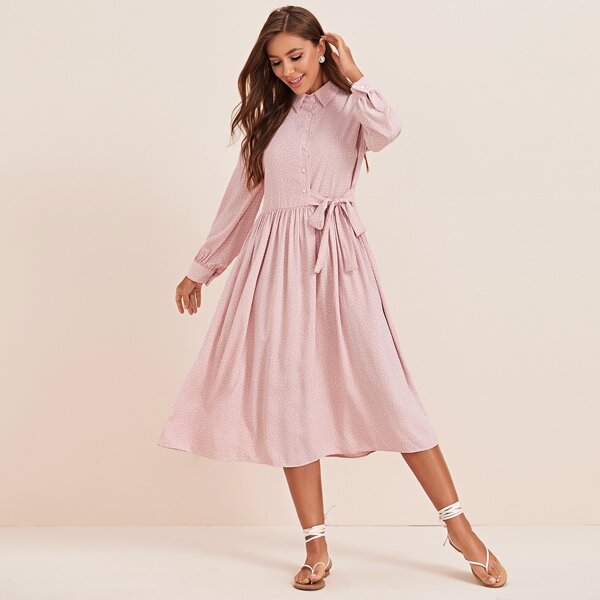 

Tie Side Polka Dot Shirt Dress, Pink