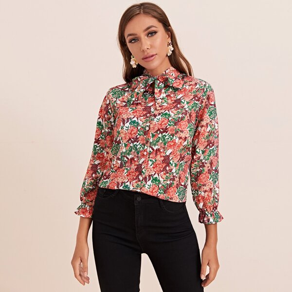 

Tie Neck Floral Print Blouse, Multicolor