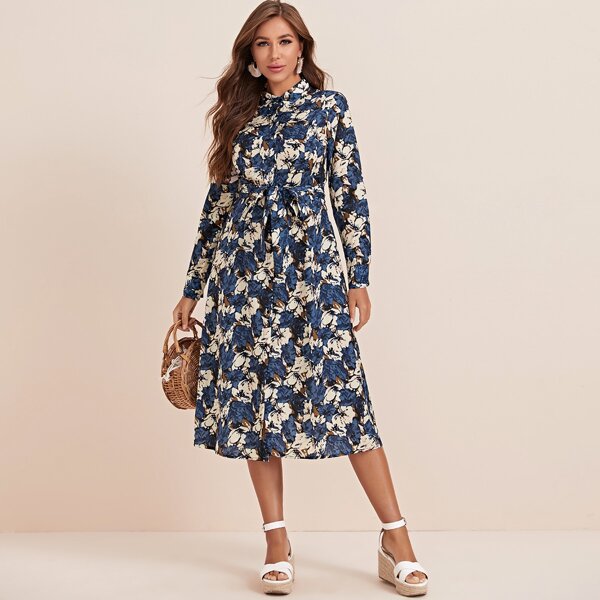 

Floral Print Belted Shirt Dress, Multicolor