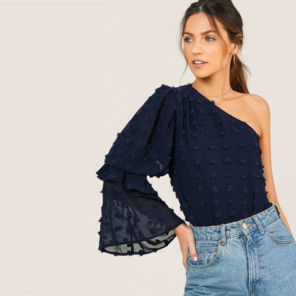 

One Shoulder Layered Sleeve Appliques Top, Navy blue