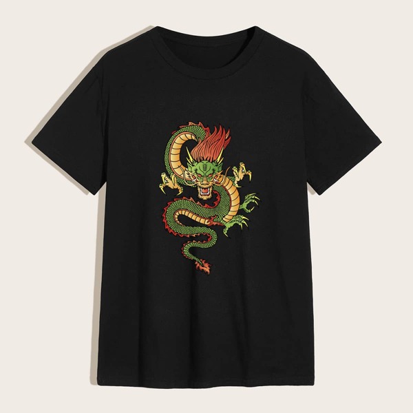 

Men Dragon Print Tee, Black