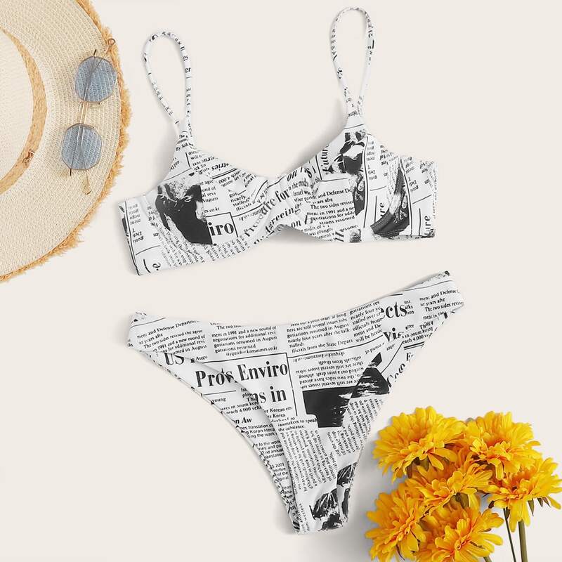 

Newspaper Print Underwire Bikini Swimsuit, Black and white