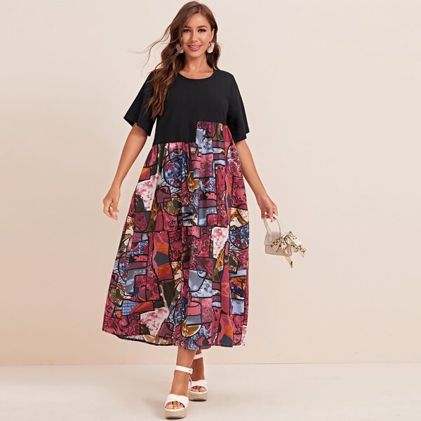 

Patchwork Graphic Combo Tent Dress, Multicolor