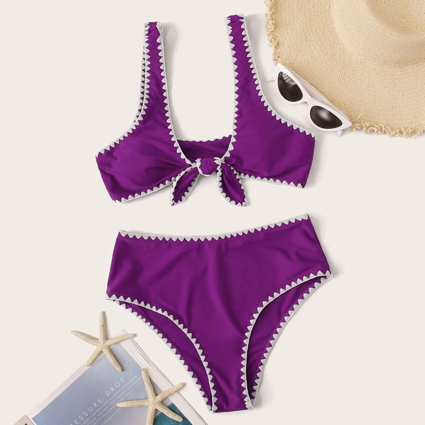 

Whip Stitch Tie Front High Waisted Bikini Swimsuit, Purple