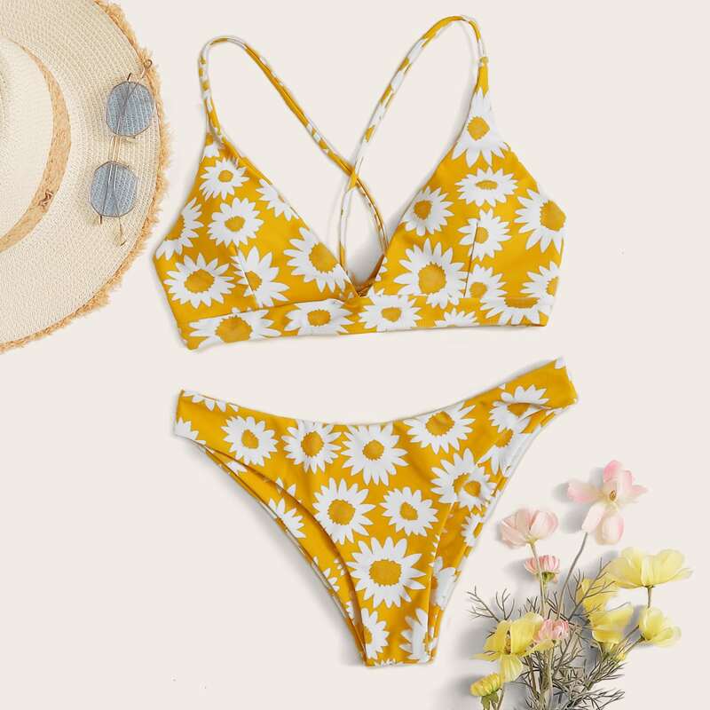 

Criss Cross Random Floral Tie Back Bikini Swimsuit, Yellow
