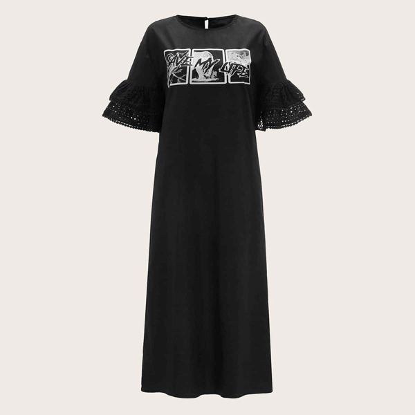 

Eyelet Embroidery Flounce Sleeve Letter Graphic Tee Dress, Black