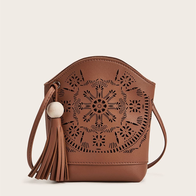 

Tassel Decor Curved Top Perforated Crossbody Bag, Brown