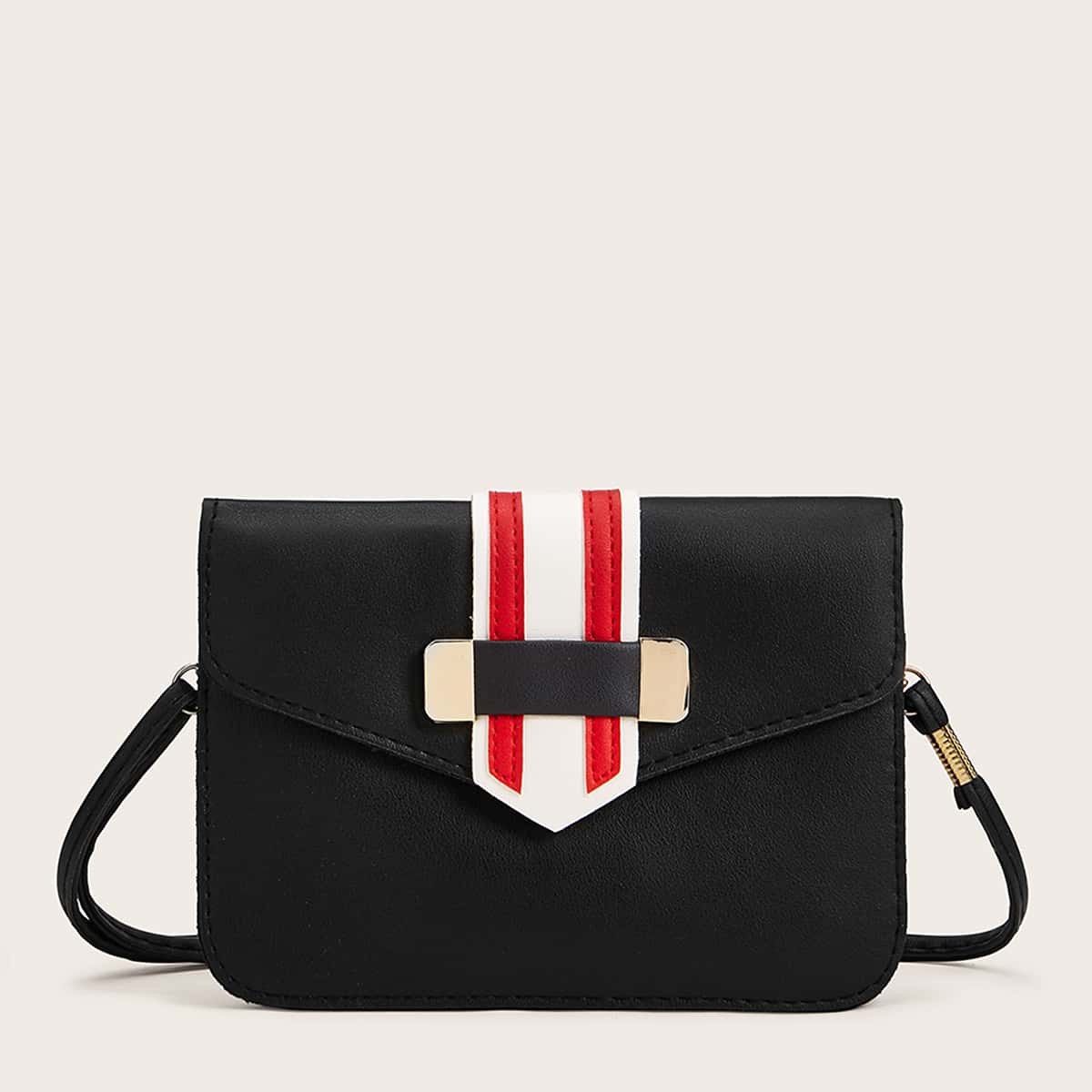 

Striped Detail Flap Crossbody Bag, Black