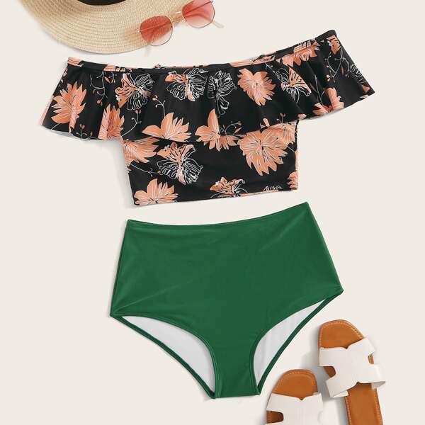 

Floral Ruffle Trim Bardot High Waist Bikini Swimsuit, Multicolor
