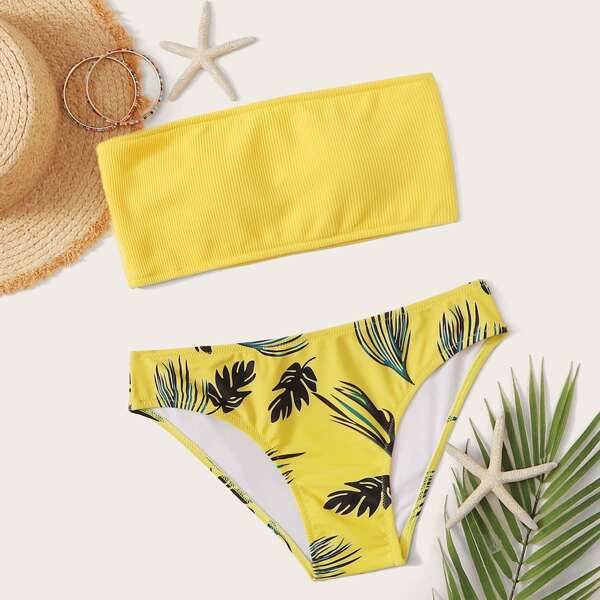 

Tropical Rib Bandeau Bikini Swimsuit, Yellow