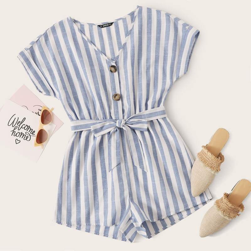 

Button Front Striped Belted Romper, Blue