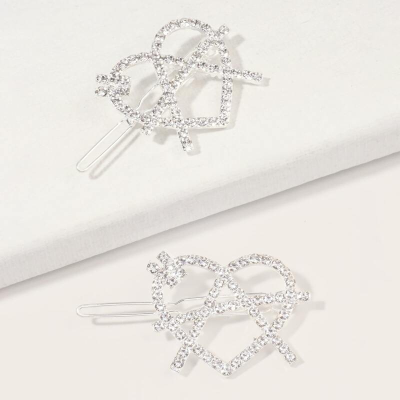

2pcs Rhinestone Engraved Heart Shaped Hair Clip, Silver