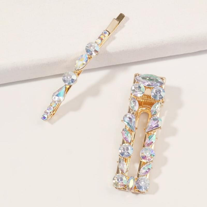 

2pcs Gemstone Engraved Hair Clip, Gold