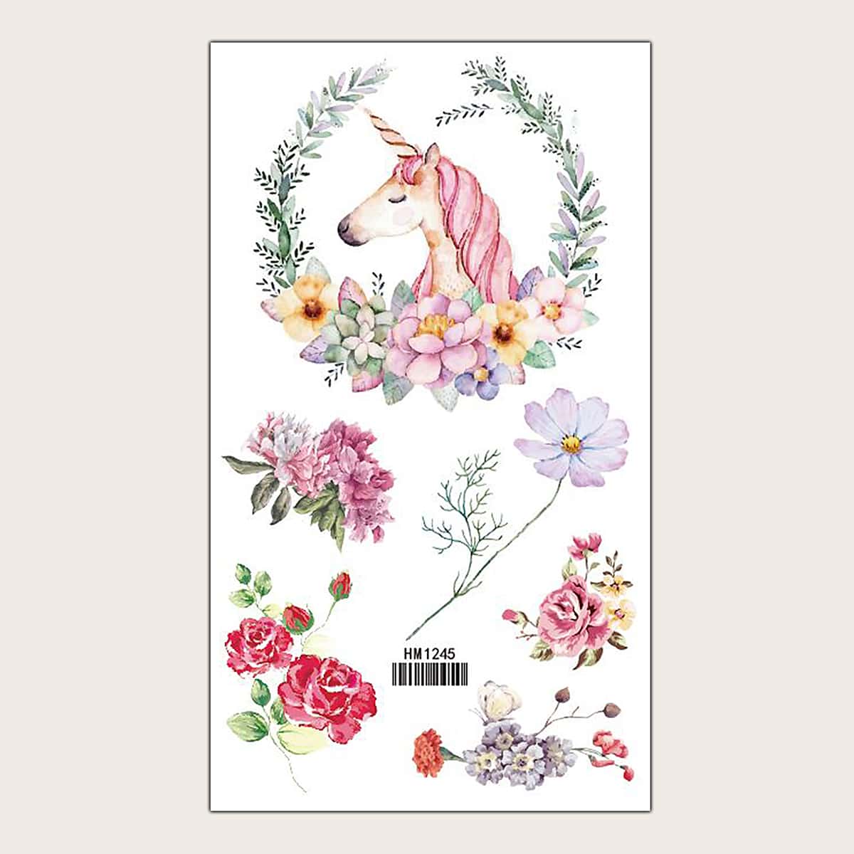 

Flower & Unicorn Pattern Tattoo Sticker, Multicolor
