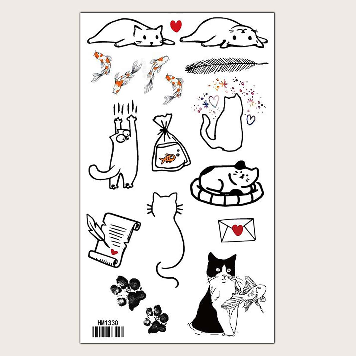 

Cat & Fish Pattern Tattoo Sticker, Black
