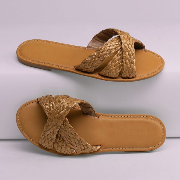 

Woven Raffia Cross Band Open Toe Slide Sandals, Khaki