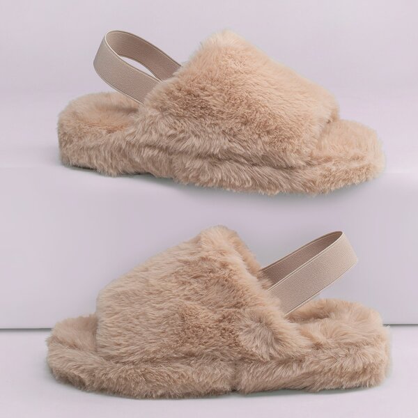 

Faux Fur Open Toe Slingback Sandal Slippers, Apricot