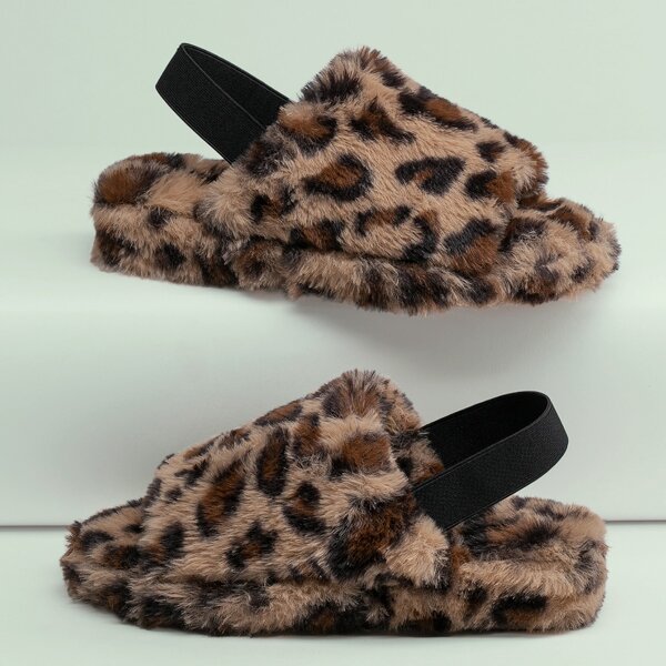 

Leopard Faux Fur Slingback Sandal Slippers, Brown