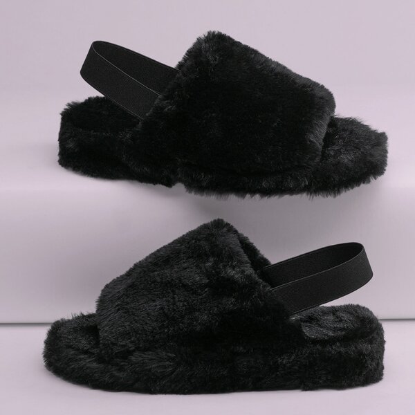

Open Toe Faux Fur Slingback Sandal Slippers, Black
