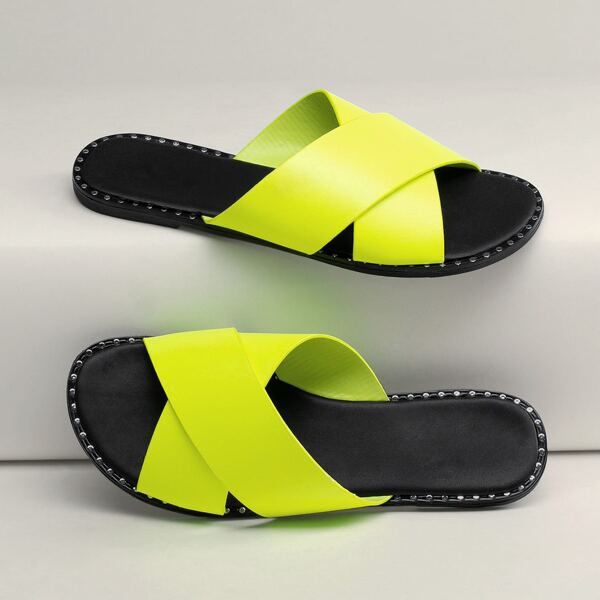 

Stud Detail Neon Cross Open Toe Band Slide Sandals, Green bright