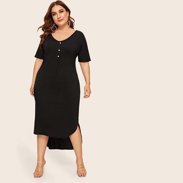 

Plus Scoop Neck Button Front High Low Dress, Black