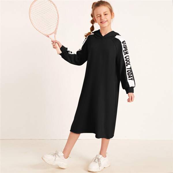 

Girls Slogan Graphic Hooded Sweatshirt Dress, Black