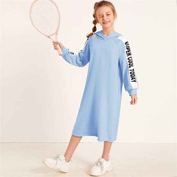 

Girls Slogan Graphic Raglan Sleeve Hooded Sweatshirt Dress, Blue