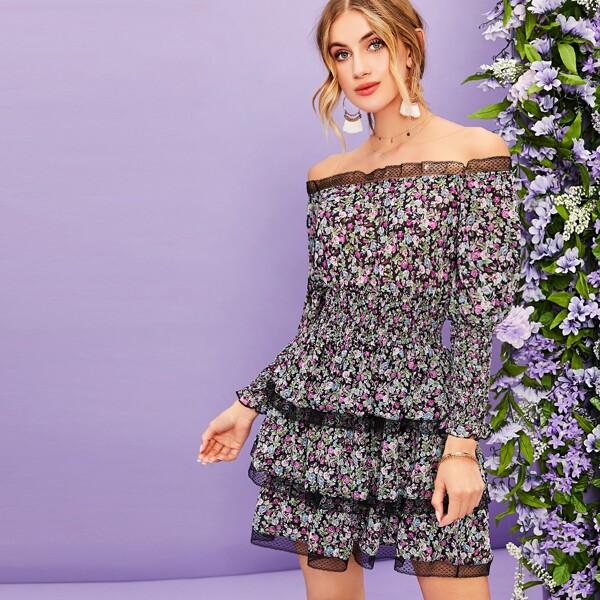 

Mesh Trim Shirred Waist Layered Ditsy Floral Dress, Multicolor