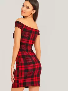 SHEIN Privé Off Shoulder Split Hem Plaid Dress - Red - View 2