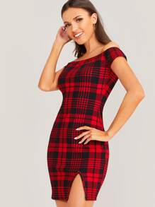 SHEIN Privé Off Shoulder Split Hem Plaid Dress - Red - View 4