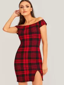SHEIN Privé Off Shoulder Split Hem Plaid Dress - Red - View 3