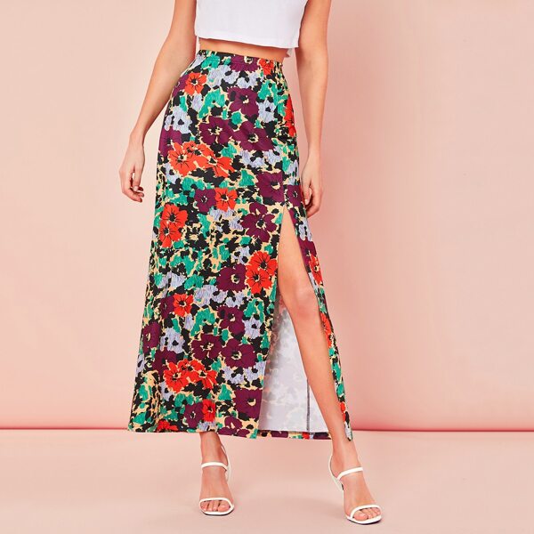 

Elastic Waist Split Thigh Floral Skirt, Multicolor