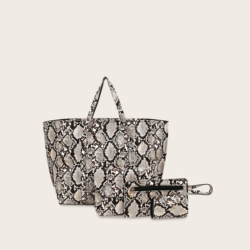 

4pack Snakeskin Print Tote Bag With Clutch, Multicolor