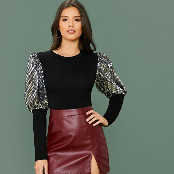 

Sequin Gigot Sleeve Top, Black