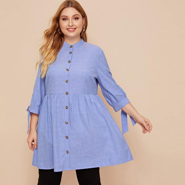 

Plus Knotted Cuff Button Front Ruffle Hem Blouse, Blue pastel