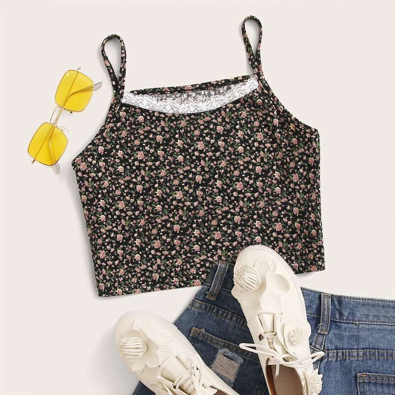 

Ditsy Floral Print Lace Trim Cami Top, Multicolor