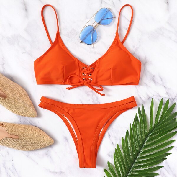 

Lace Up Front Bikini Swimsuit, Orange