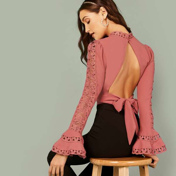 

Lace Trim Flared Sleeve Open Back Blouse, Pink