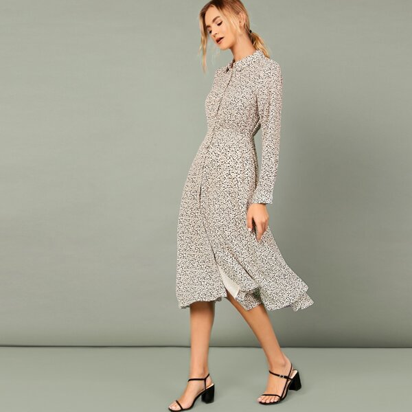 

Spotted Button Front Long Sleeve Midi Dress, Multicolor